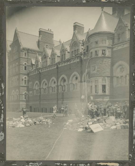 Title: Fire in main building [Seabury Hall] over library, May 22, 1907; Image...