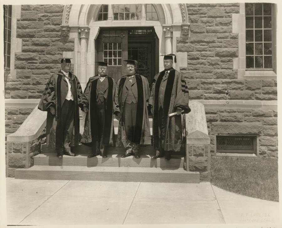 Title: Honorary Degree recipients at Commencement, June 17, 1918 (Trinity
College, Hartford Connecticut): from left, President Flavel Sweeten Luther,
Theodore Roosevelt, R.J. Coles, a field naturalist, and George Shiras III; Image...