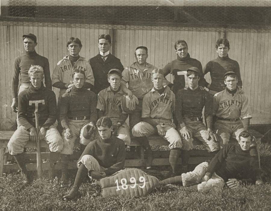 Title: 1899 baseball team, including John Henry Kelso Davis '99 (seated on
bench, third from left) and Reggie Fiske '01 (seated on bench, second from
right), Trinity College, Hartford, CT [Athletics]; Image ID:...