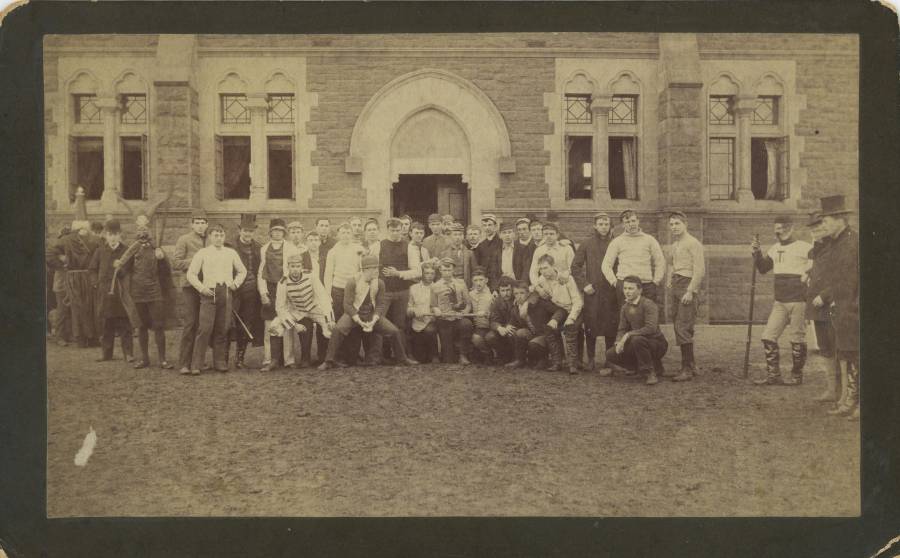 Title: Victorious Class of 1893 in front of Jarvis Hall after the March 17, 1890...