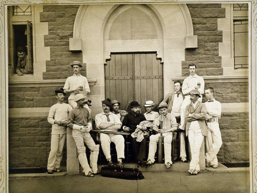 Title: Cricket Team arranged in front of Jarvis Hall entrance, Trinity College,...