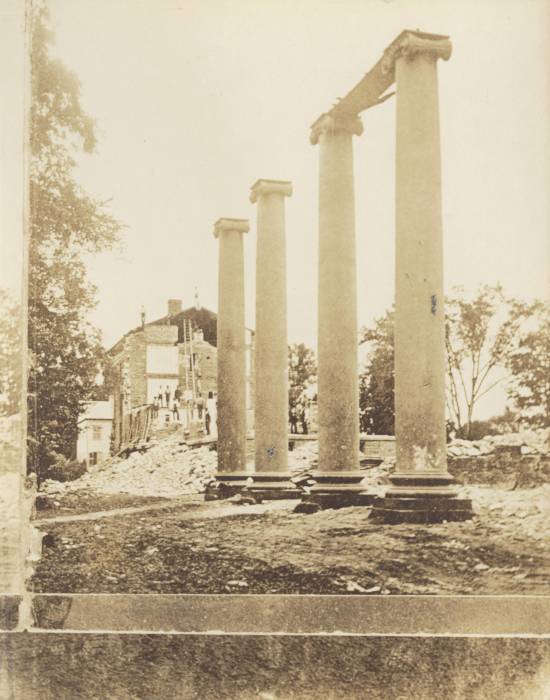 Title: Trinity College Old Campus, View from northeast of demolition of Jarvis
Hall (1825-1878) and Seabury Hall (1825-1878) [note on photo: No. 49 of set of
stereo views of Hartford published by W.N. Cooms, Hartford]; Image ID:...