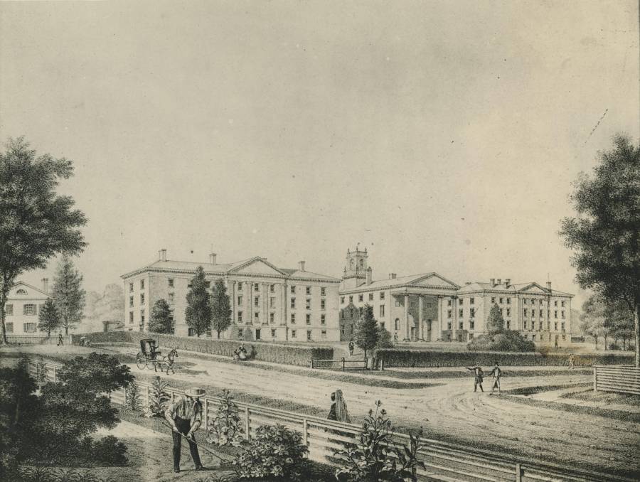 Title: Trinity College old campus buildings, about 1850; Image ID:...