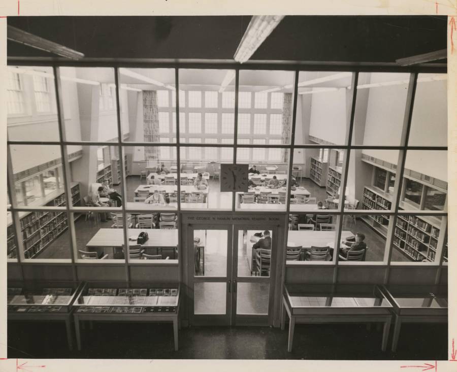 Title: View of the George N. Hamlin Memorial Reading Room from the balcony
overlooking the Library (Trinity College, Hartford Connecticut); Image ID:...